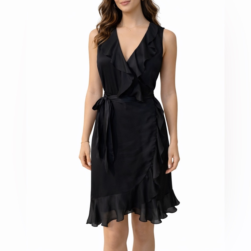 Ralph Lauren Wrap Dress 2 XS Faux Silk Navy Blue Ruffle Career Church Party
